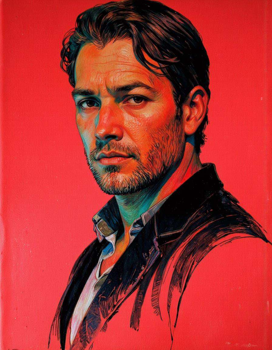 A digitally illustrated drawing in comic book style.A red dead redemption,  cowboy face,  unshaved on Tensor.Art