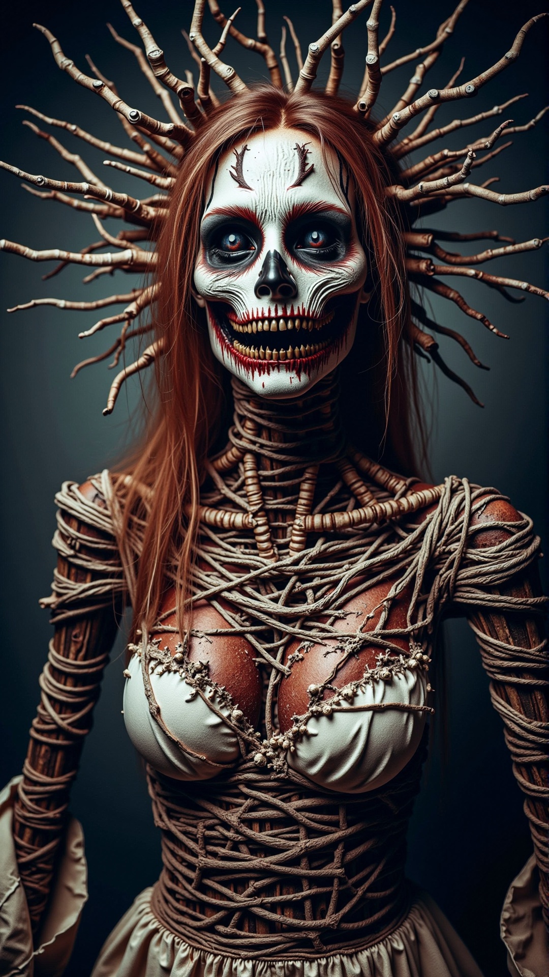 a photorealistic dark horror bloody scary concept art of a scary female scarecrow made of twigs metal bars and old clothes...