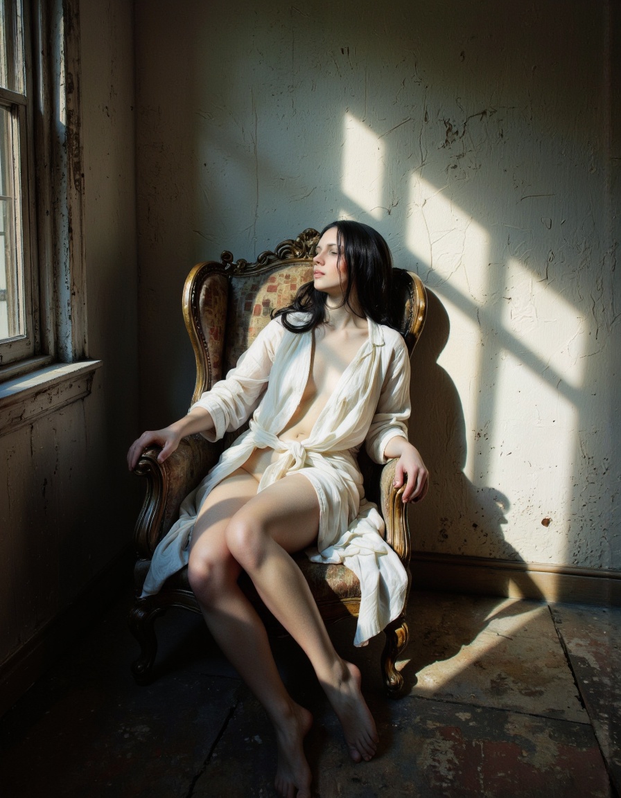 By Bruno Dayan. A photo-realistic shoot from a profile camera angle about a woman in a white robe sitting on an ornate cha...