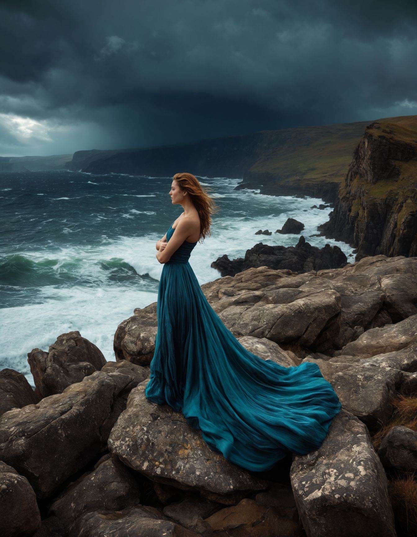 A captivating photo of a young woman standing on a rocky cliff,  overlooking a stormy sea. The waves crash violently again...