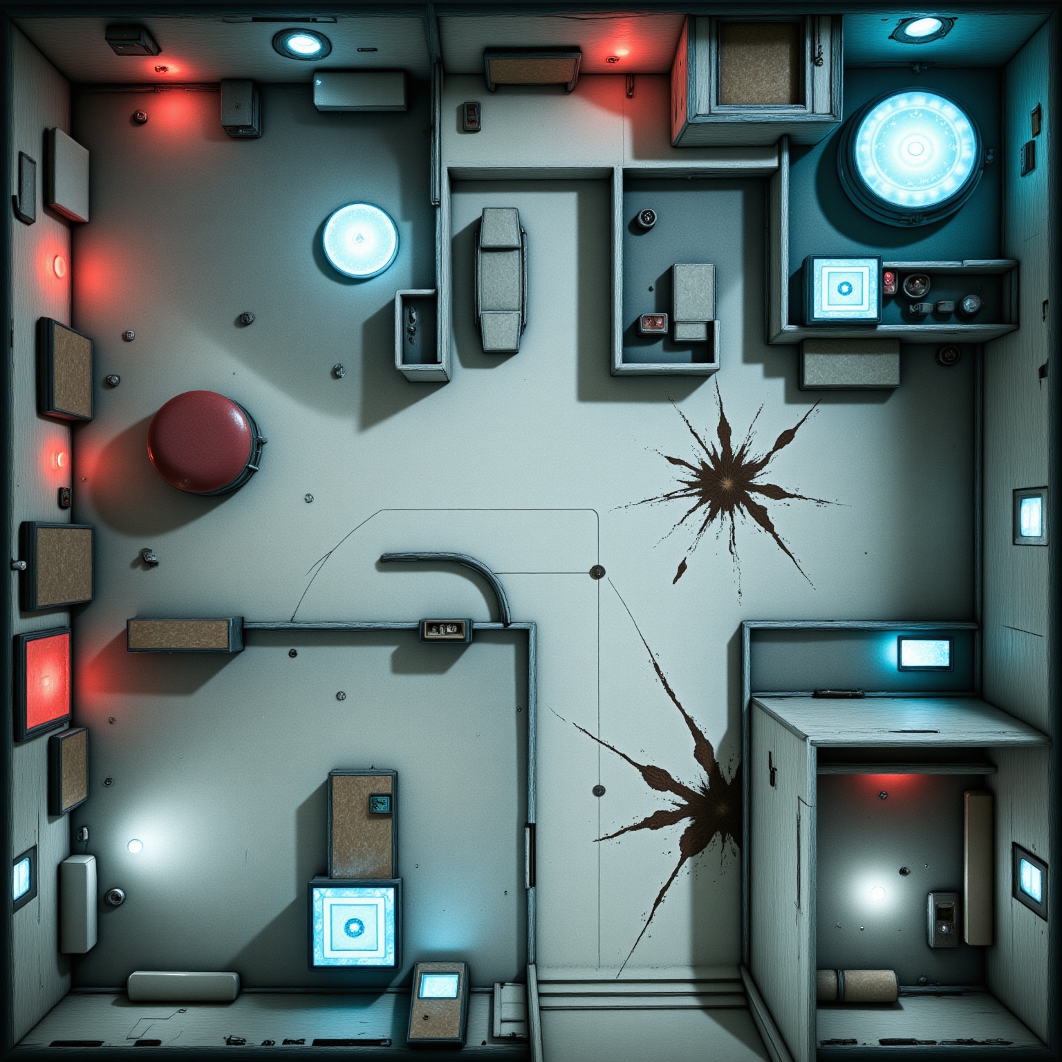 A sci-fi bio-lab seen from above with glowing containment chambers,  clean white floors,  branching hallways on Tensor.Art