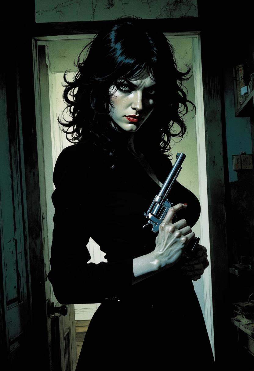 a mysterious woman with dark,  wavy hair and piercing eyes stands in the shadows of a dimly lit room. She is holding a sma...