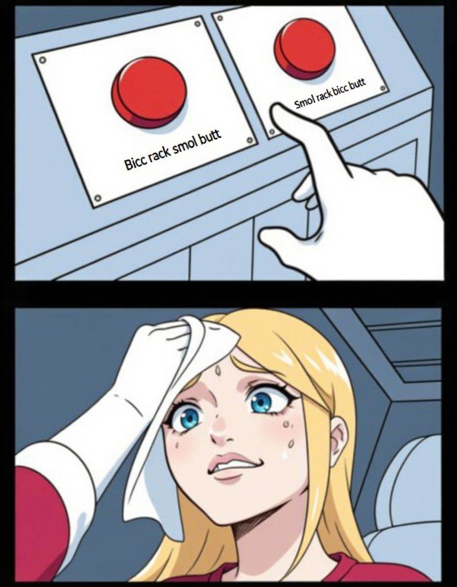 2 panel anime in twobuttonsmeme style.two red buttons with text: and below the buttons respectively.a blonde woman wiping...