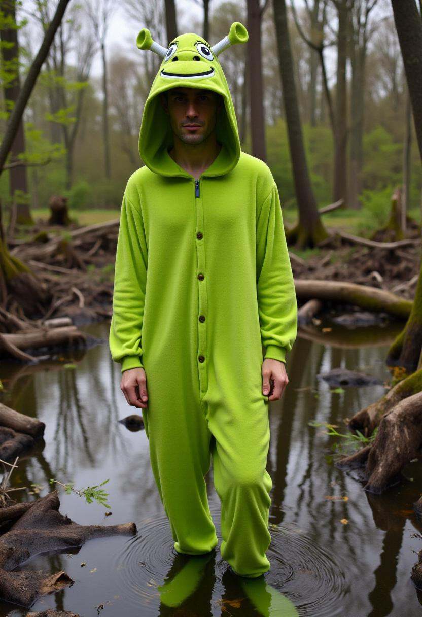 Photograph featuring a person wearing a green onesie with a hood,  designed to resemble Shrek,  standing in a swamp. on Te...