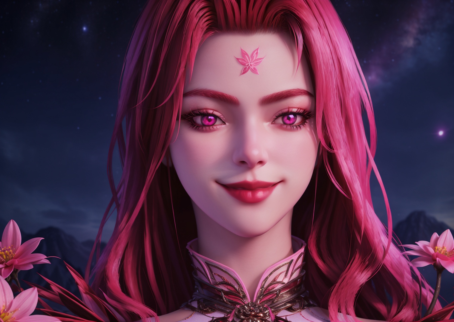 1girl,solo,pink hair,pink eyes,red lips,smile,looking at viewer,starry sky,flower,fantasy,((glowing)),close-up,(blurry),depth of field,3d,Highly detailed,(ultra-detailed),(best quality,masterpiece:1.5),<lora:xidi:0.7>,<lora:细节调整2.0:0>,