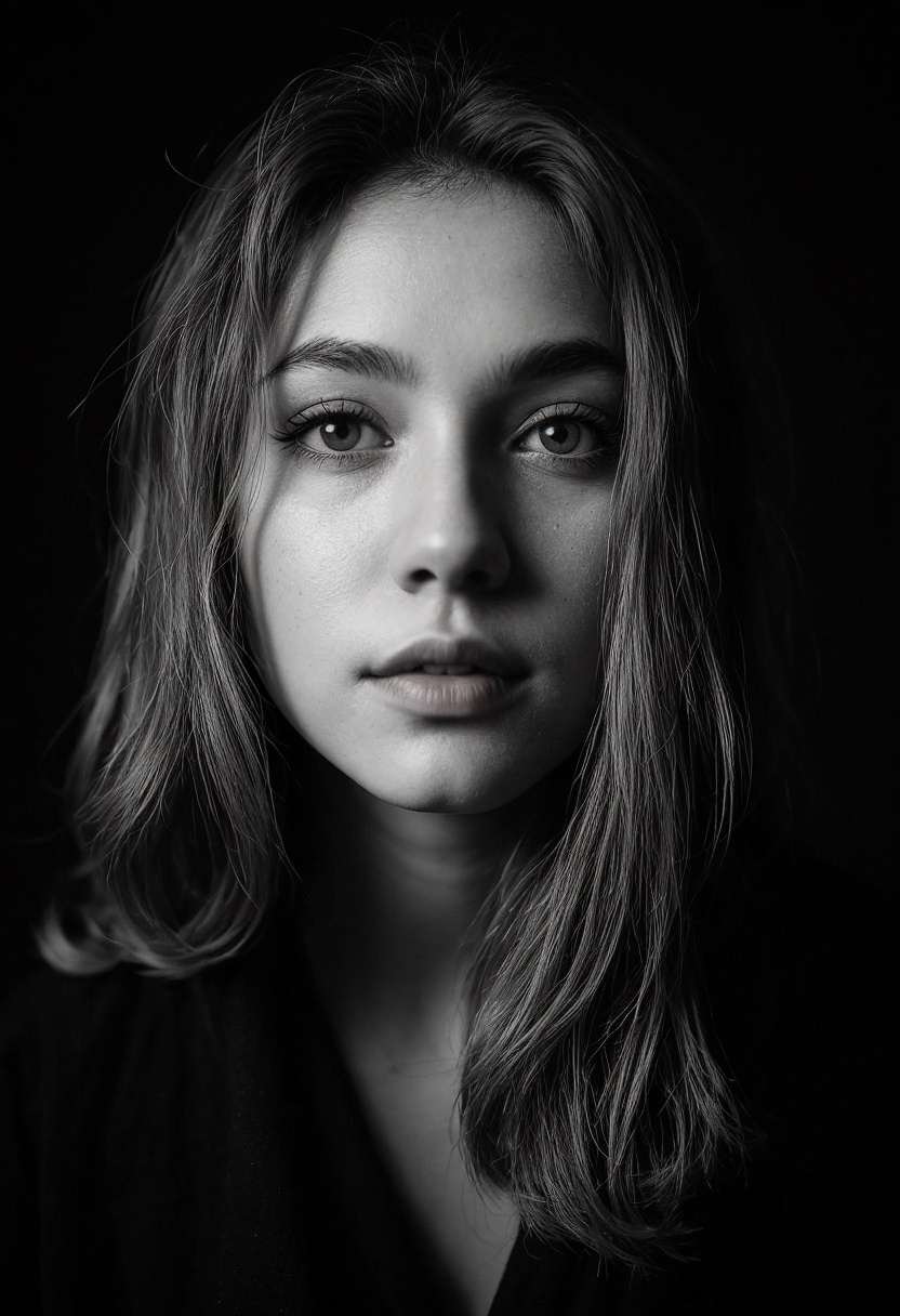 cinematic photo cinematic photo A moody,  high-contrast black-and-white portrait captures the enigmatic beauty of the youn...