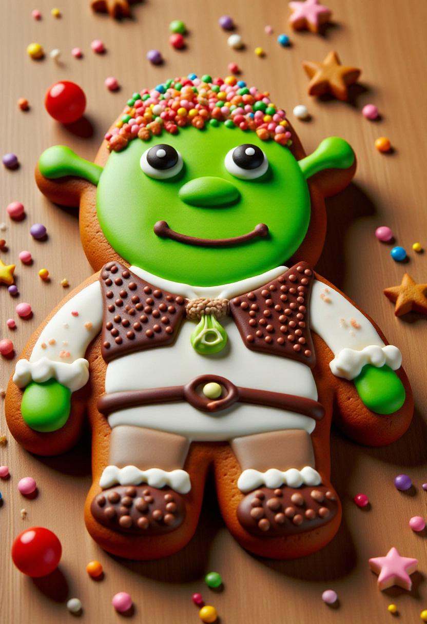 This is a photograph of a intricately decorated gingerbread Shrek,  placed flat on a wooden surface. on Tensor.Art