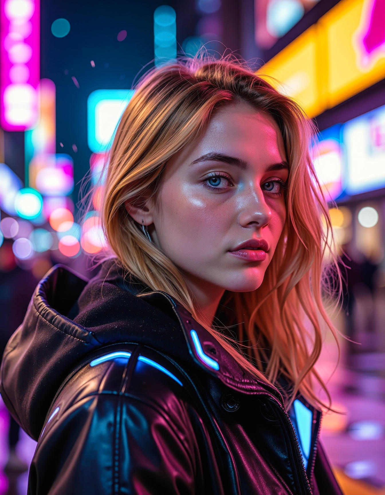 A cinematic cyberpunk portrait of a young woman illuminated by the neon glow of a futuristic city,  her long golden hair c...
