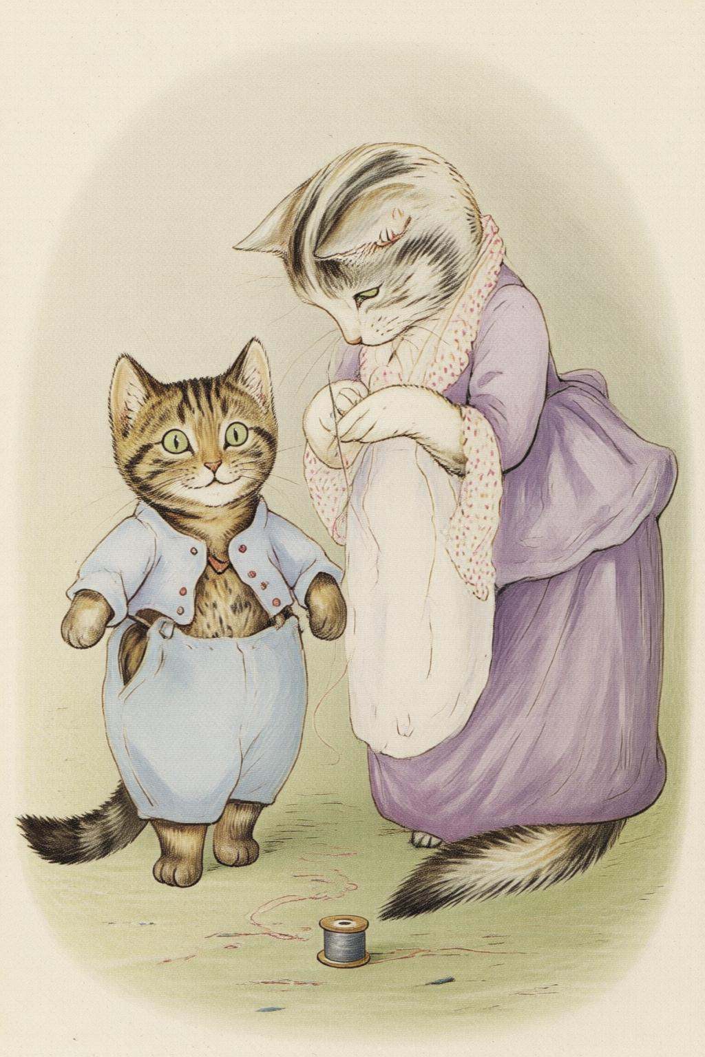 beatrixpotter2q illustration.Two anthropomorphic cats are featured. On the left,  a small kitten in light blue pants and a...