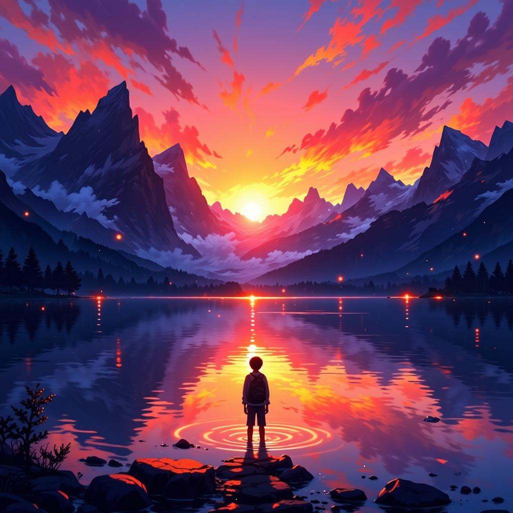 3pic_vist4,  anime_martz,  a young traveler stands at the edge of a calm lake on Tensor.Art