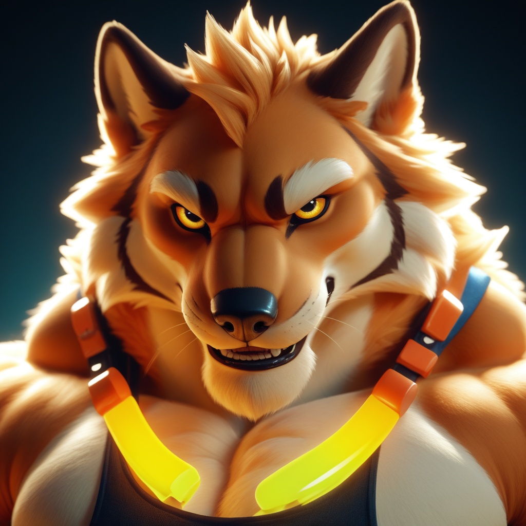 score_9, score_8_up, score_7_up, Highly detailed 3D furry art featuring an anthropomorphic character. The character is muscular, with expressive features and detailed fur textures. The lighting emphasizes the contours of the body, while the background enhances the overall atmosphere. The scene should convey a sense of realism, with attention to detail in fur, clothing, and any accessories. Use vibrant colors and a dynamic pose to bring the character to life