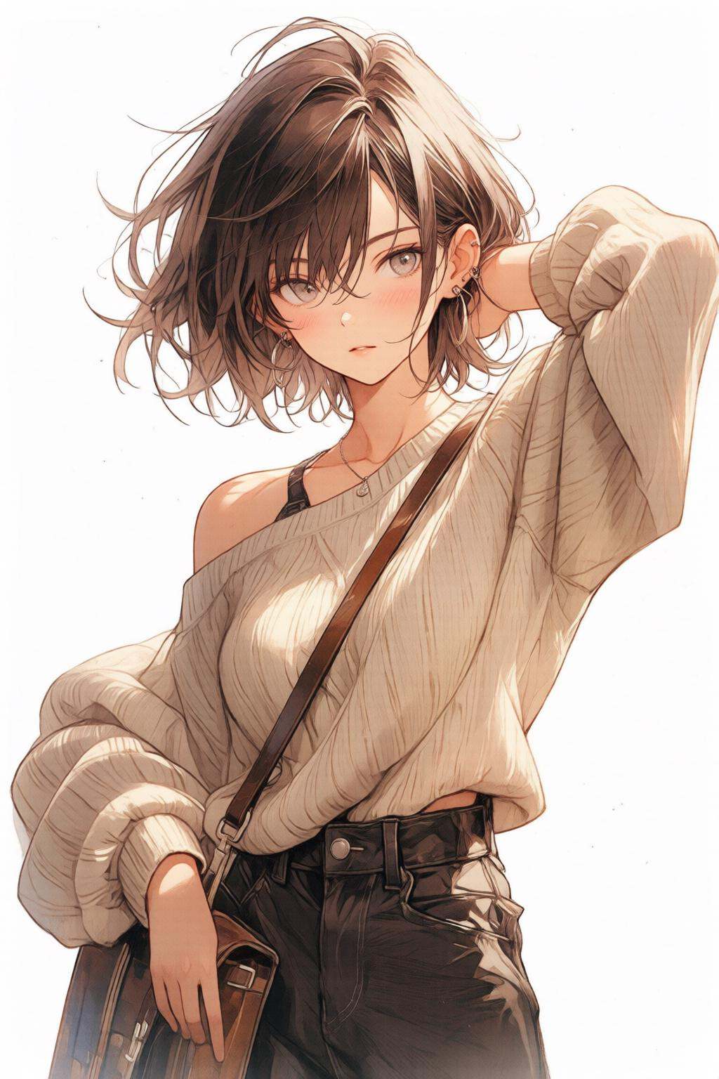 nijiwatercolor1q anime illustration.A young woman with short,  wavy brown hair. She is wearing a loose-fitting,  off-shoul...