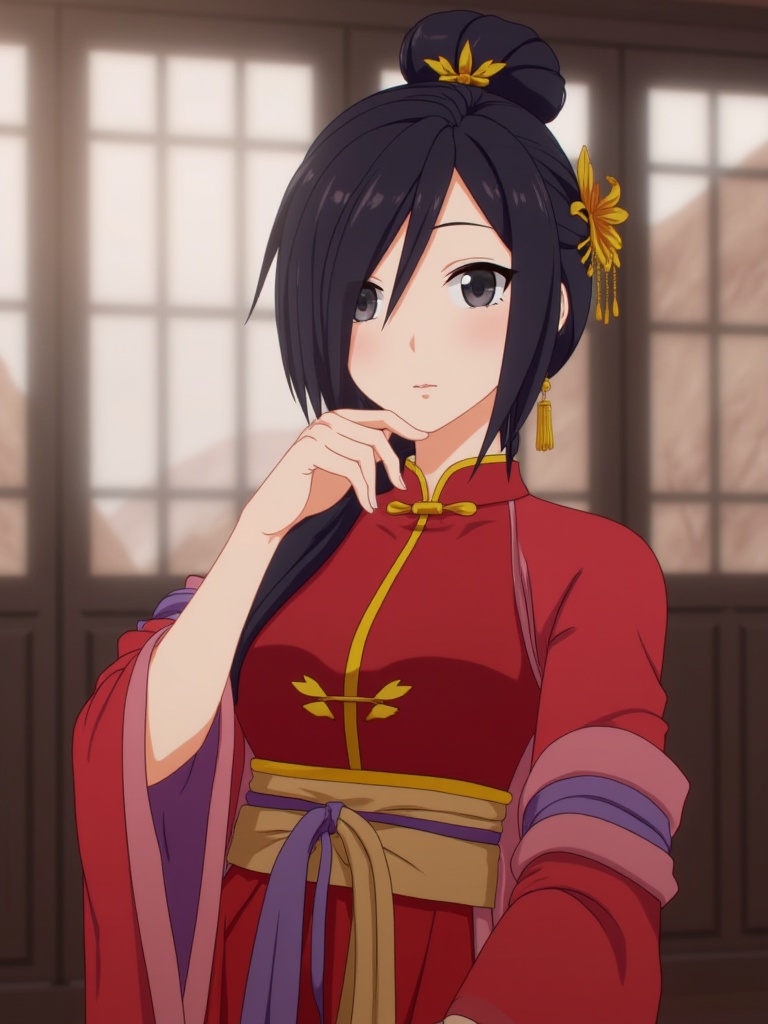 1girl,ancient chinese style,red dress,black hair,black eyes,chinese clothes,indoor,