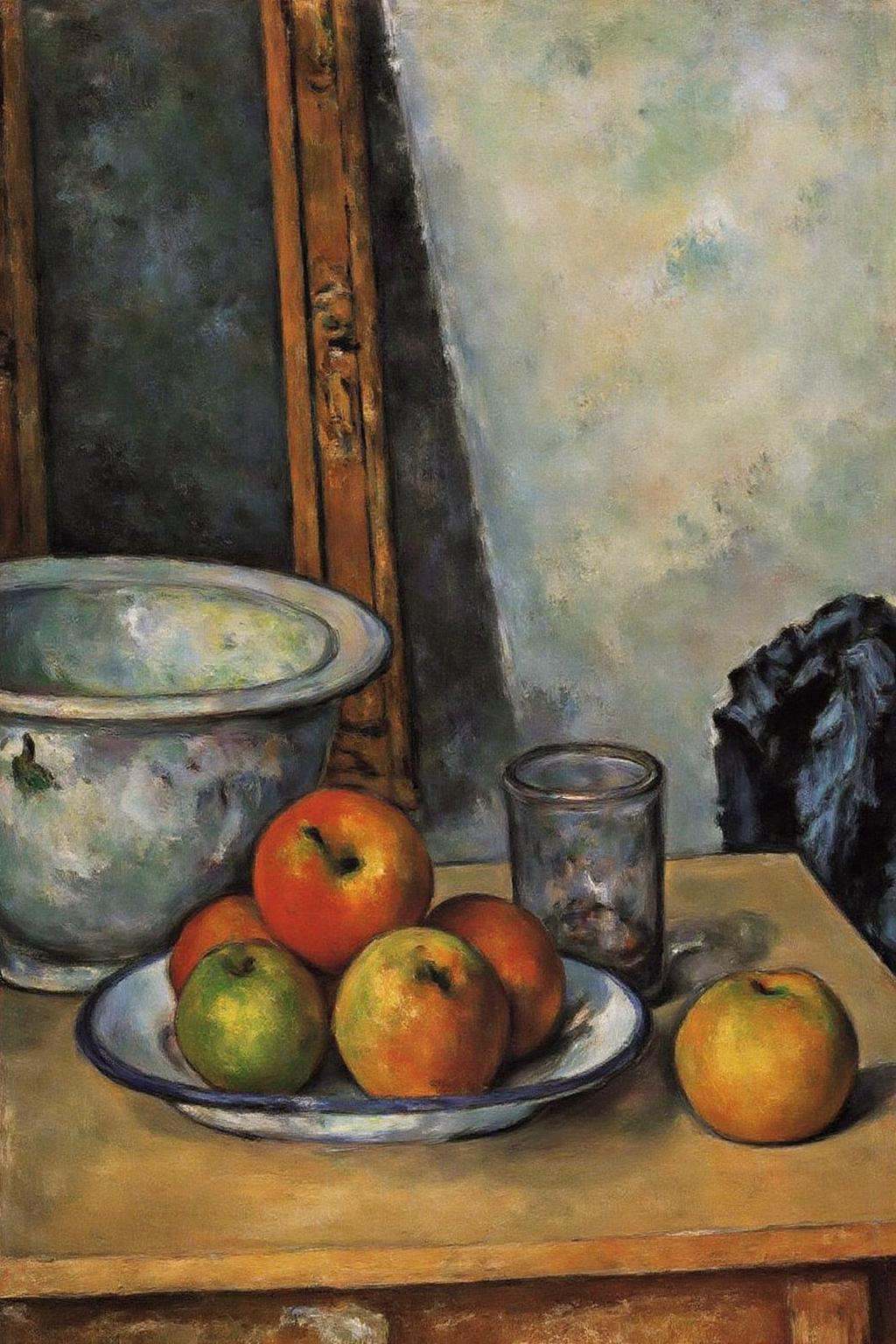 pau1cez painting. A still life scene featuring a wooden table with a washing basin,  some fruits and a glass. There is a p...