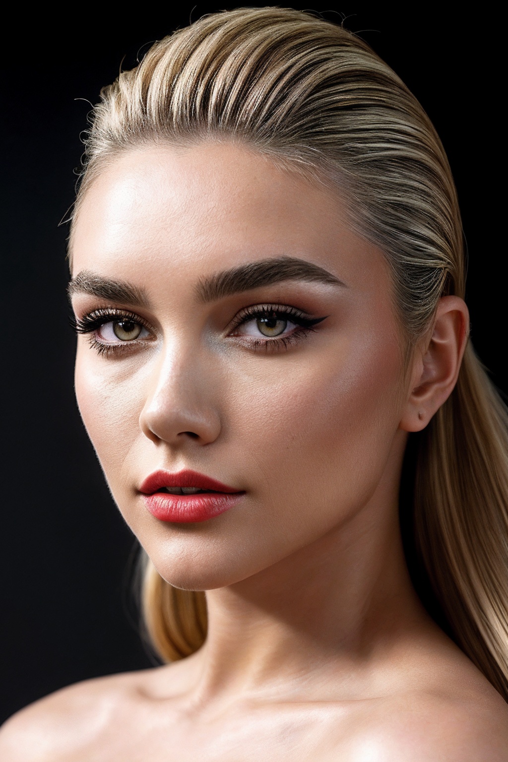 FlorenceP_SoloTI_v1,  (In bold,  glamorous makeup featuring dramatic winged eyeliner on Tensor.Art