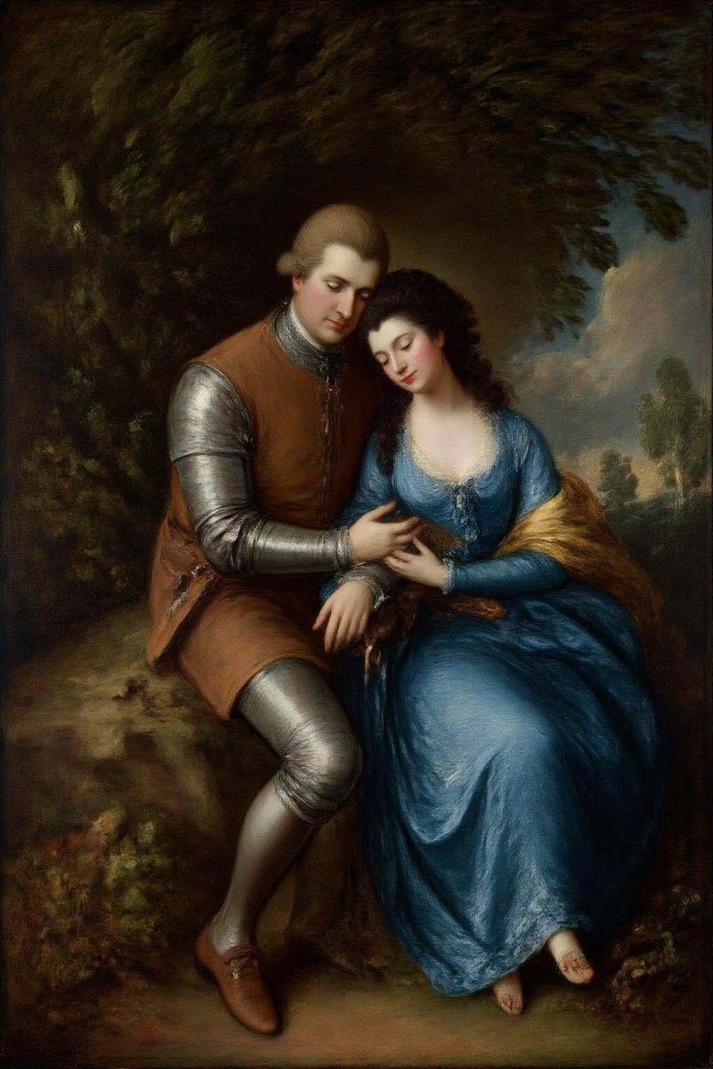 gainsbo1 paintingA blonde knight and a lady sitting under a tree. The lady has dark hair and is wearing a blue dress. The...