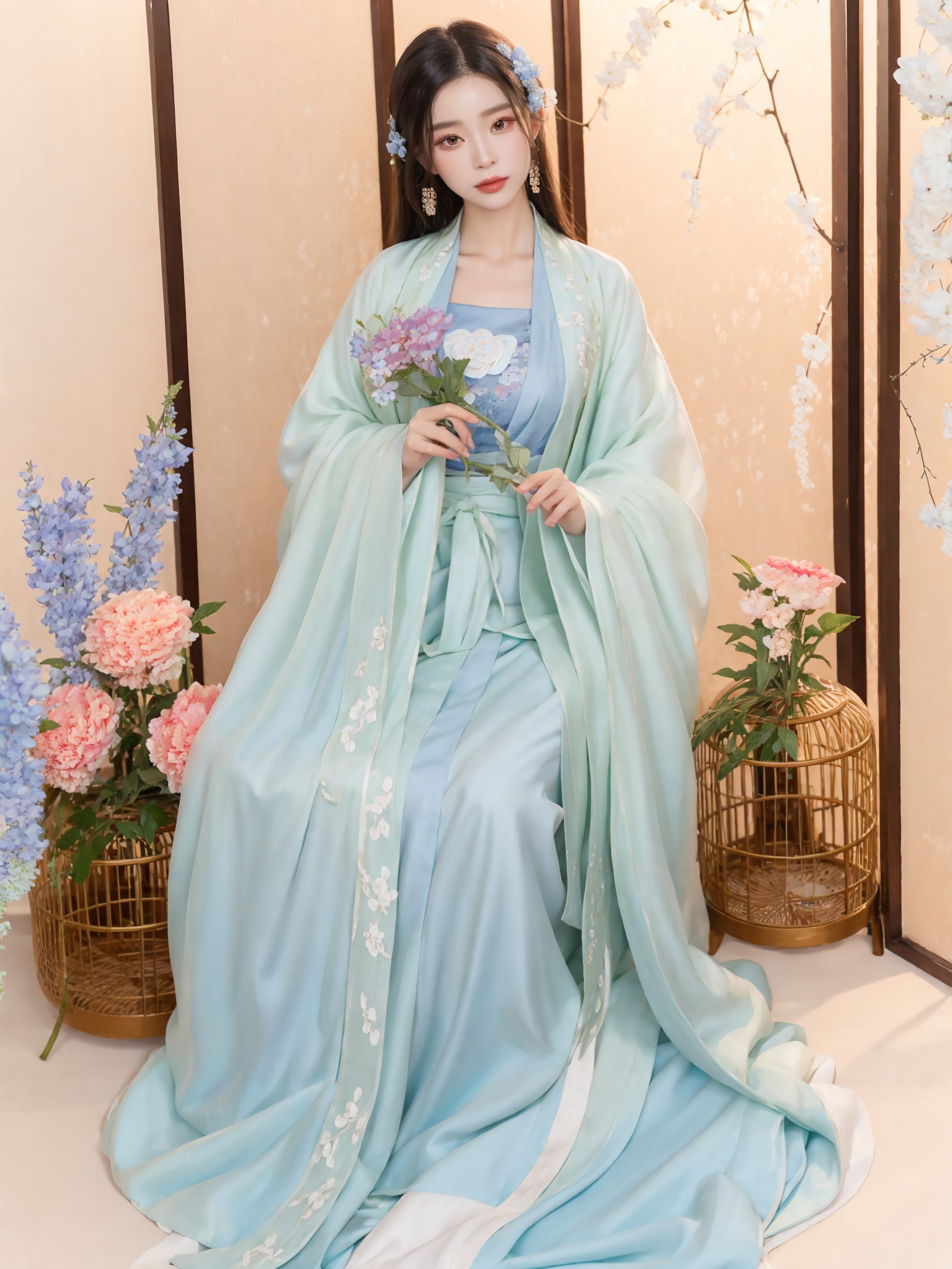 1,1girl,solo,perfect face,look at viewer,hanfu,chinese clothes,blue dress,white dress,holding flowers,sitting,upper body,front side,indoor,cage,flower,masterpiece,best quality,highly detailed,