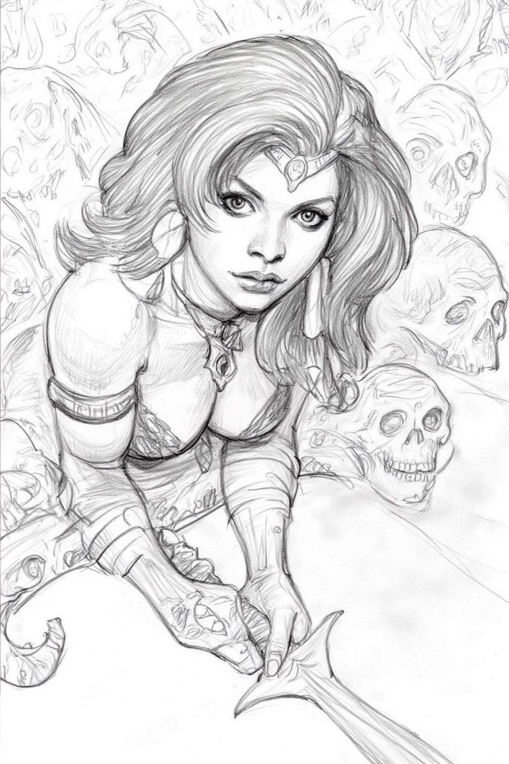 Pencil sketch. A woman wearing a bikini,  with long,  flowing hair and tribal-style head chain and jewelry in a dynamic po...