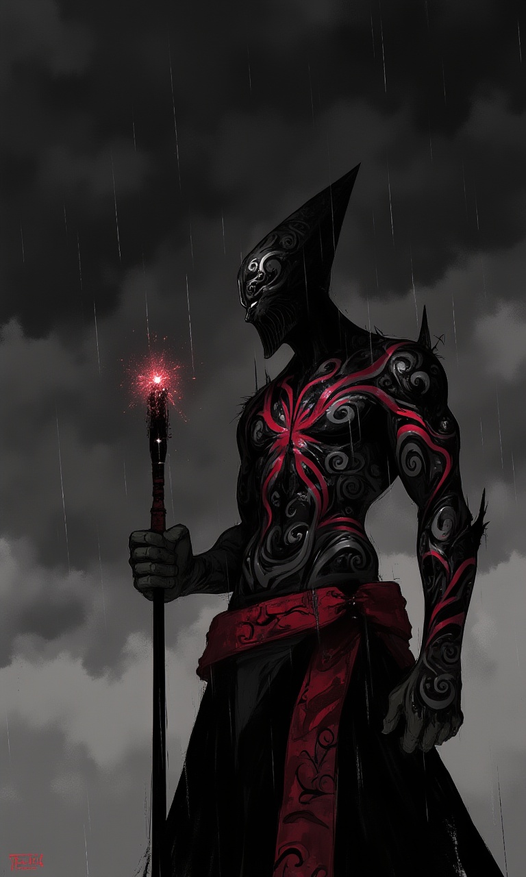 DarkPulse,  The image is a digital illustration of a person with a red sword in their hand. The person is standing in the...