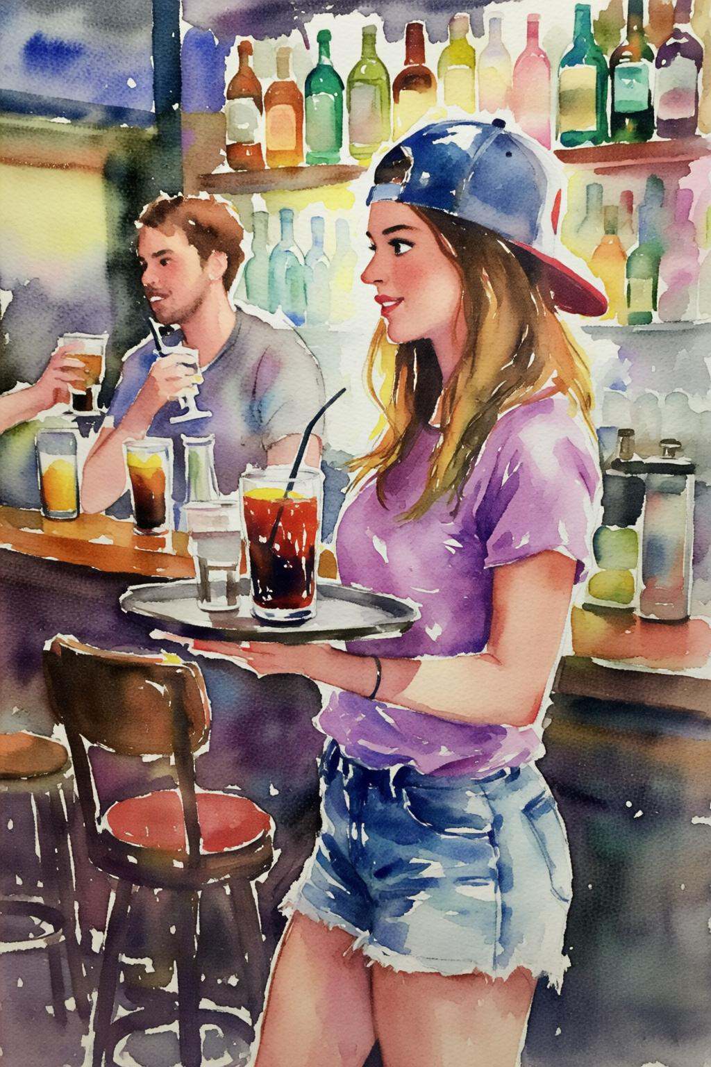 watercolorbasic2q watercolor painting.The air buzzes with the energy of a busy bar,  a mix of music,  conversation on Tens...