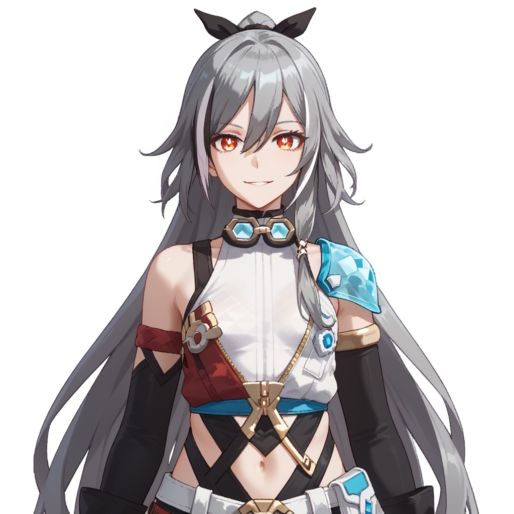 (white background:1.2),looking at viewer,(SOLO:1.4),outline,simple background,upper body, cowboy shot,looking at viewer,(((arms at side))),  fu hua, senti swimver, senti, long hair, bangs, red eyes, hair between eyes, smile, fingerless gloves, thighhighs, ponytail, multicolored hair, silver hair, white hair, gray hair, small breasts, streaked hair, yellow pupils, diamond shaped pupils<lora:senti-swim-pony:0.8>