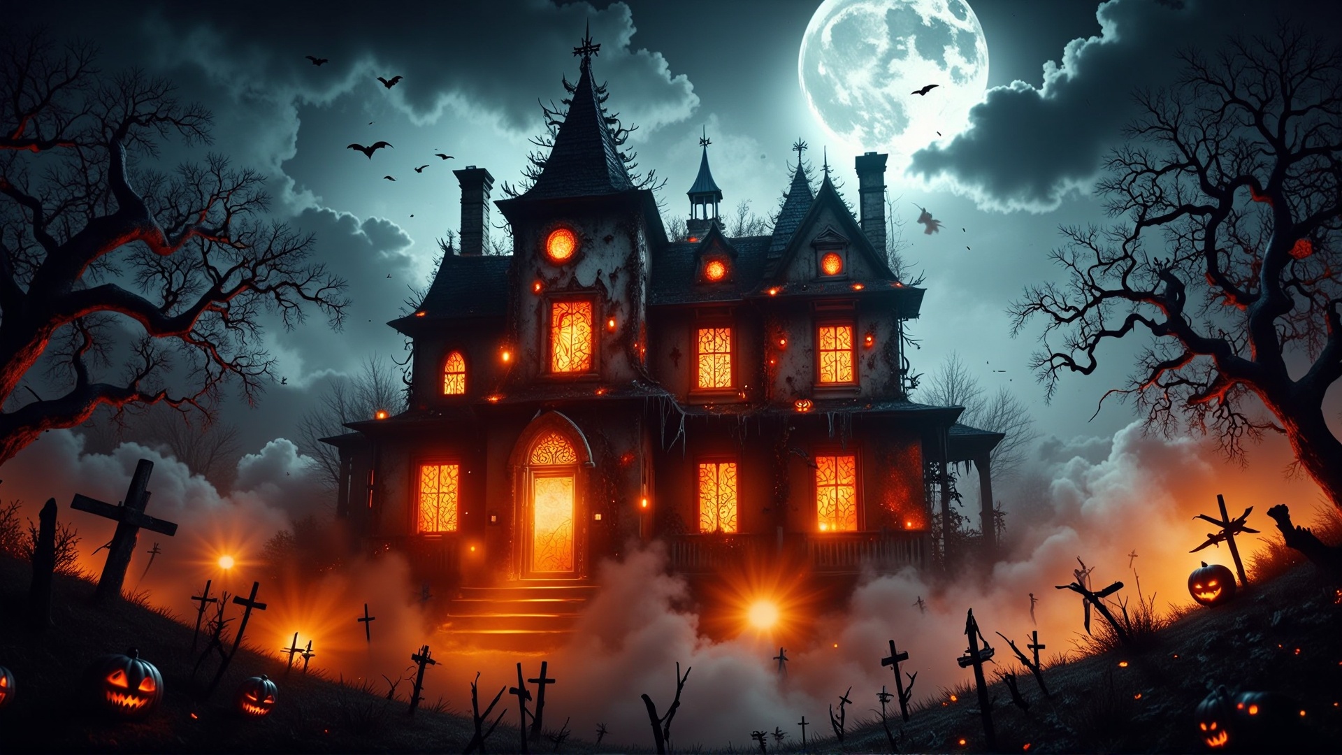 HalloweenGlowStyle orange themed Haunted mansion on a hill,  dark and stormy night,  full moon on Tensor.Art