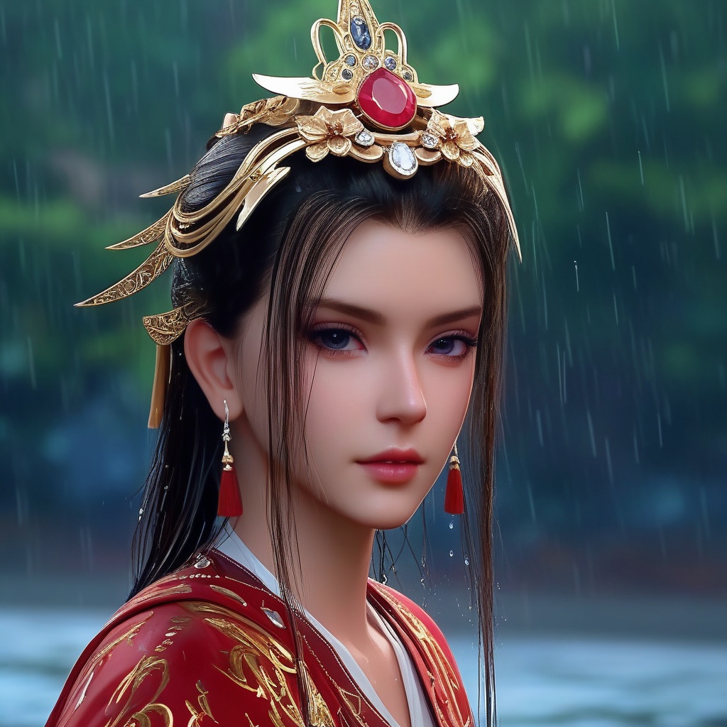 <lora:835-DA-XL-晏琉璃-婚服:0.8>, (,1girl, ,best quality, ),, ,ultra detailed 8k cg,   ,masterpiece((((1girl, solo,  , ,solo focus, wet,sweat, ocean,rain, water drop, )))) (, , sweatdrop, flying sweatdrops, sweating profusely,colorful drop \(module\), )   clean, masterpiece,     cinematic lighting, cinematic bloom,   , unreal, science fiction, luxury, jewelry, diamond, gold, pearl, gem, sapphire, ruby, emerald, intricate detail, delicate pattern, charming, alluring, seductive, erotic, enchanting, hair ornament, necklace, earrings, bracelet, armlet,halo,