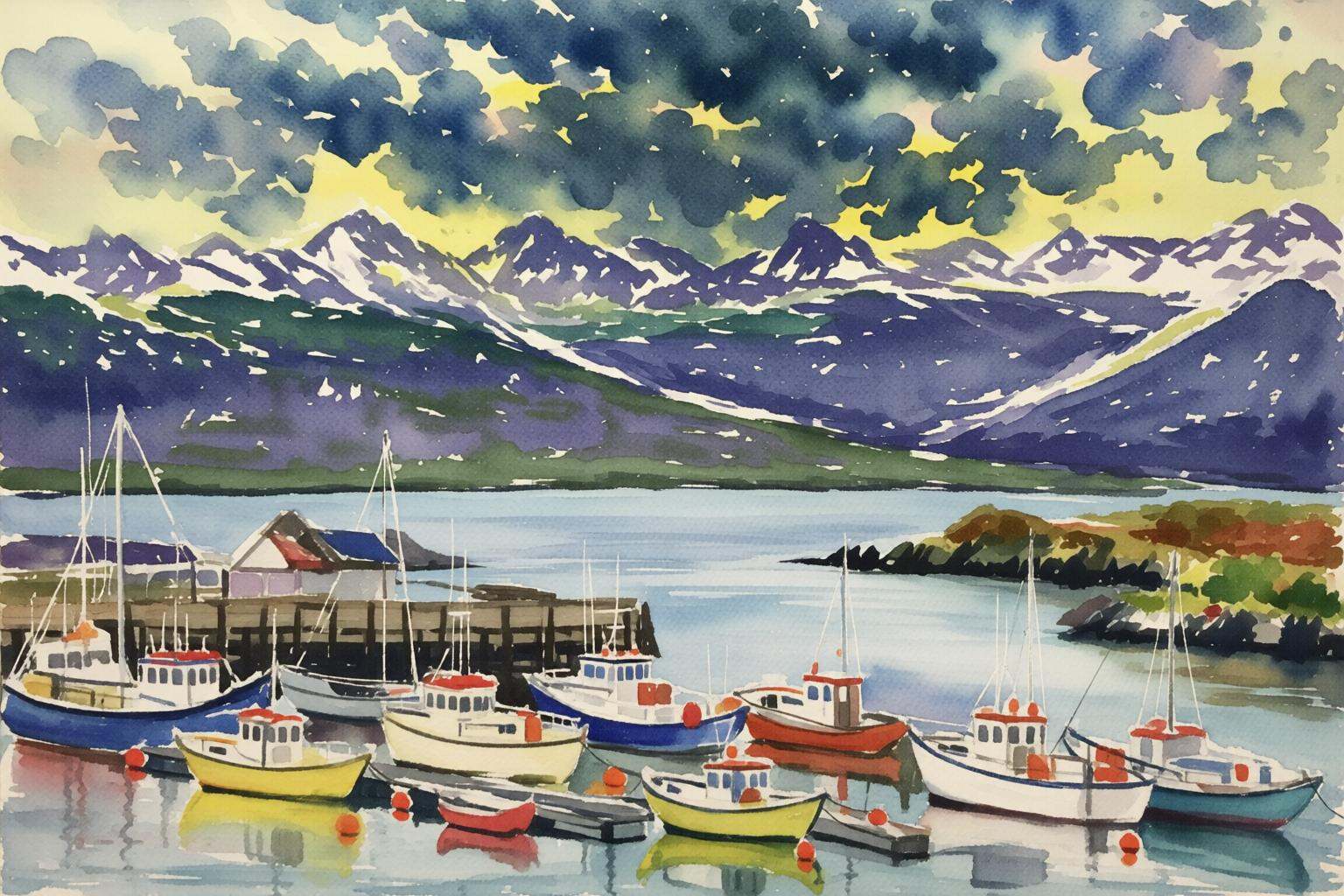 watercolorbasic2q watercolor painting.A bay filled with various boats and yachts anchored in calm,  reflective water. In t...