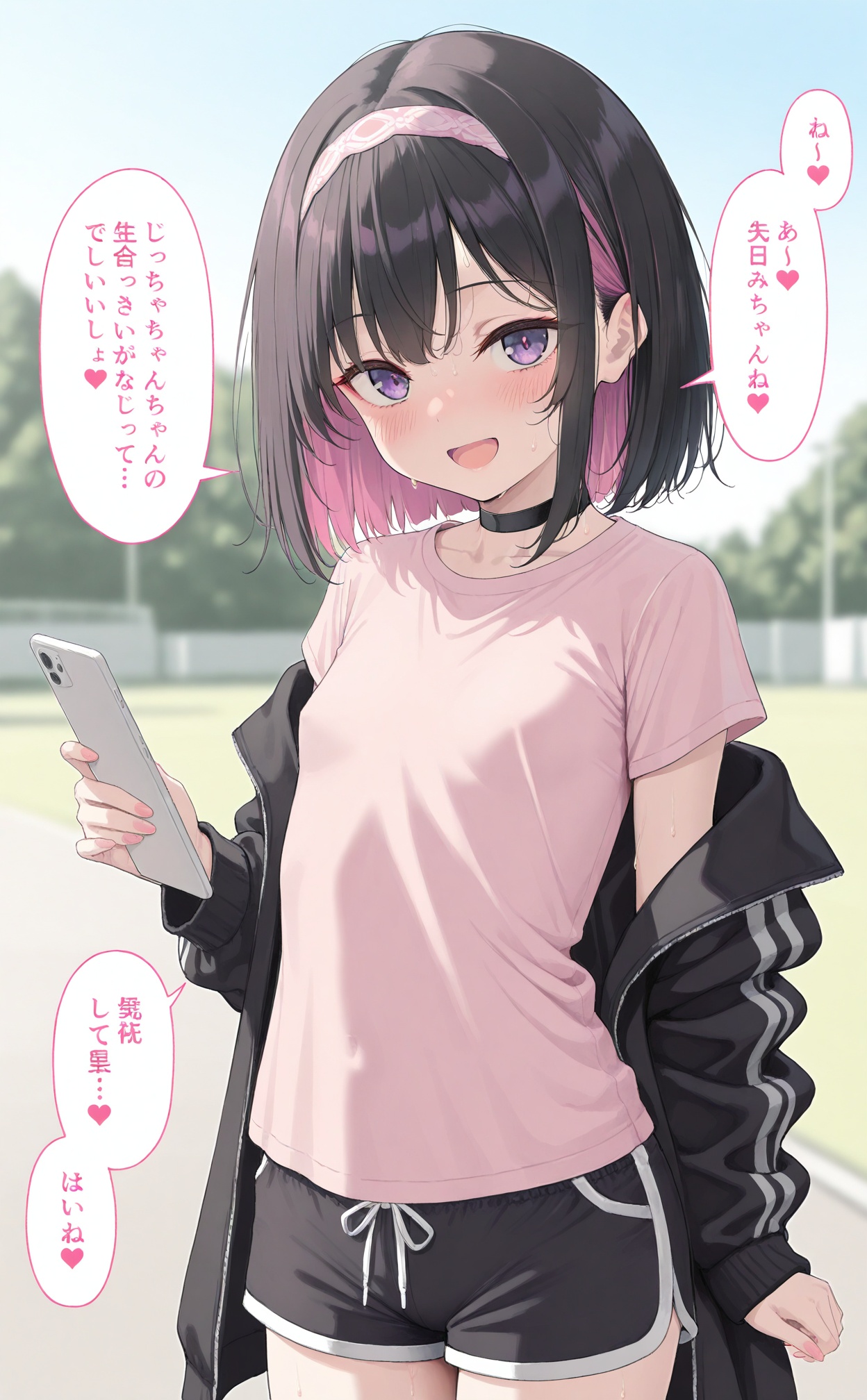 masterpiece,best quality,high quality,loli,1girl,shorts,jacket,shirt,choker,black choker,black shorts,multicolored hair,looking at viewer,solo,hairband,sweat,outdoors,short hair,holding,breasts,black jacket,blush,nail polish,open mouth,blurry,short sleeves,smile,speech bubble,purple eyes,black hair,pink hair,sky,cowboy shot,two-tone hair,twitter username,off shoulder,blurry background,pink shirt,