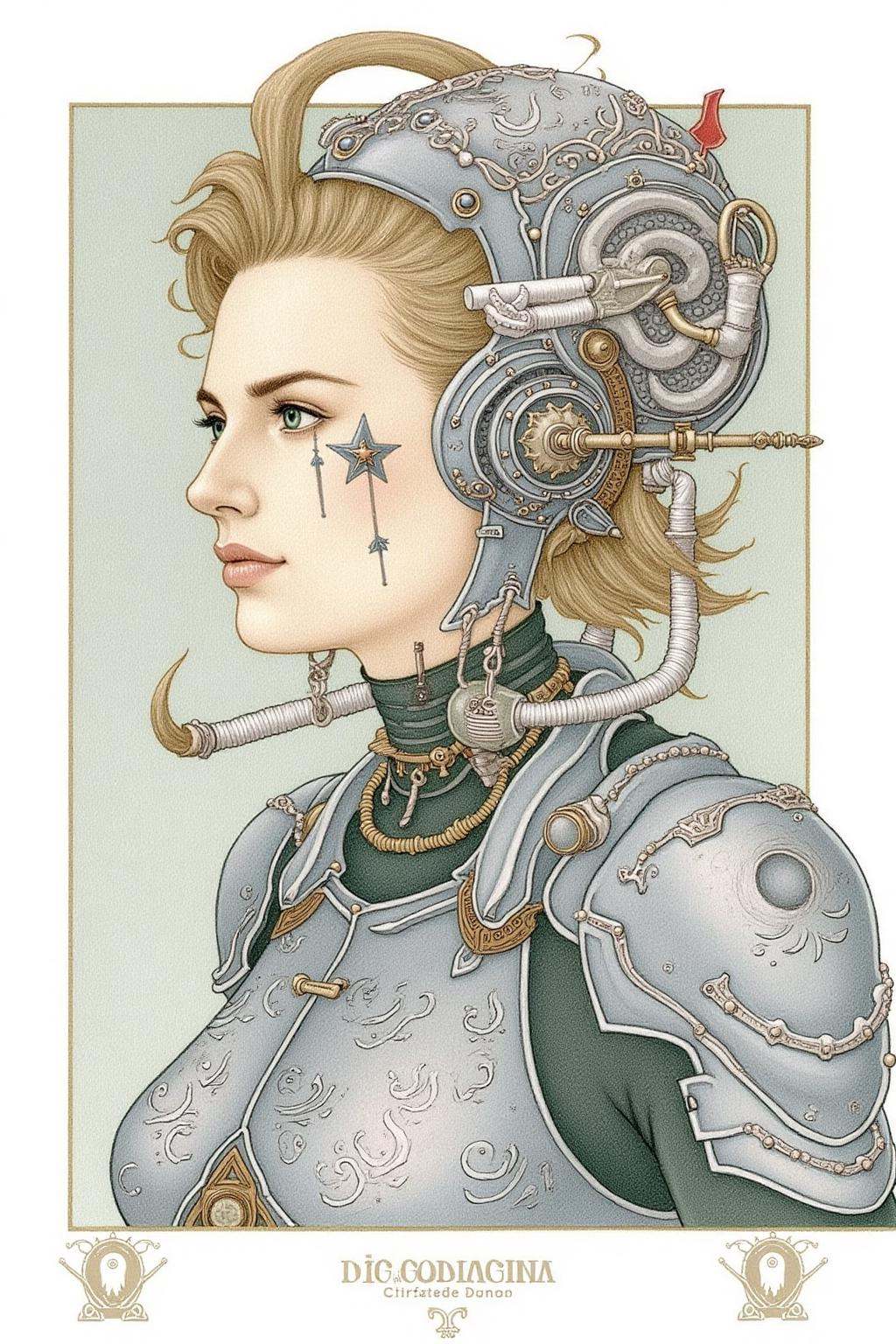 olgadugina1 illustration.juangimenez1. woman in metallic armor with swirling patterns and a star-like symbol on the cheek....
