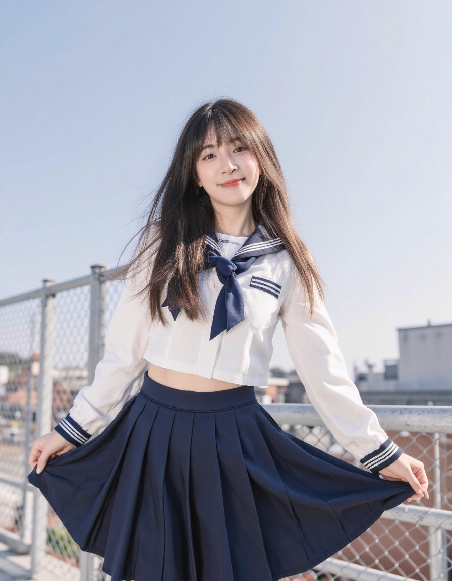 A playful and mischievous young woman wearing a Japanese sailor school uniform,  posing cutely on a Japanese school roofto...