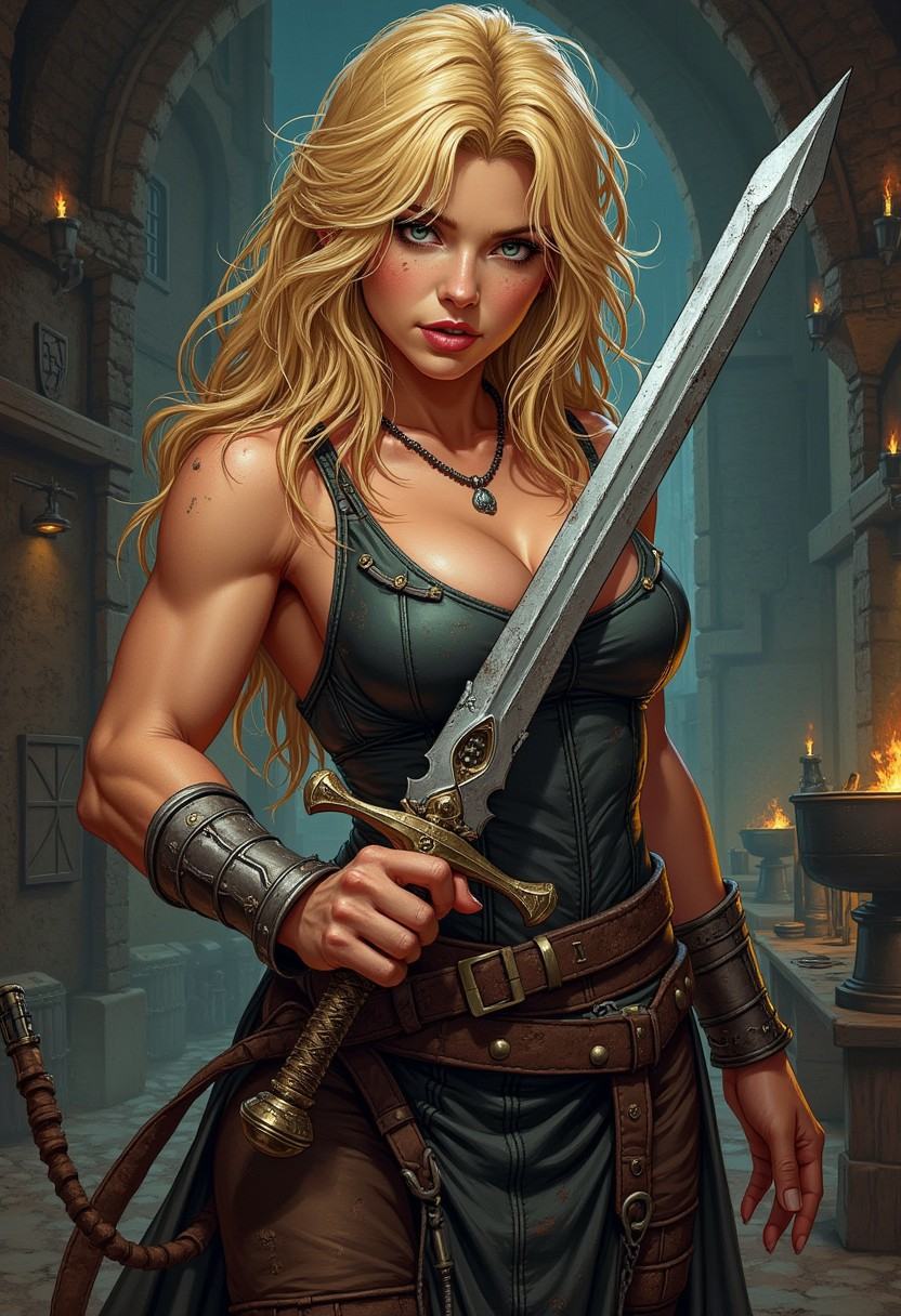 RPG Style,  comic stylea sexy muscular female blonde blacksmith is forging a perfect sword,  fantasy weapondry background...