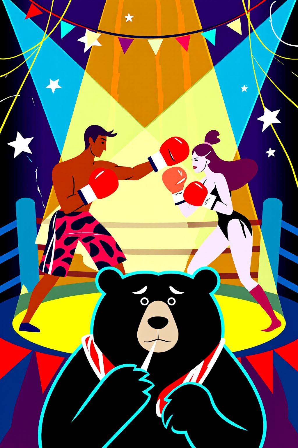 flatcolorvectorart2q illustration.A man and a woman boxing in a circus. A black bear is the referee. on Tensor.Art