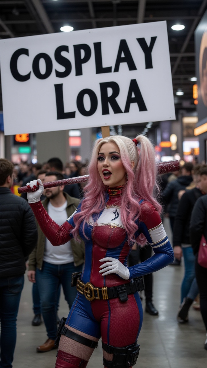 A huge sign with Text:"Cosplay Lora" and A fierce Harley Quinn swinging her glittery baseball bat at Comic Con,  with fans...