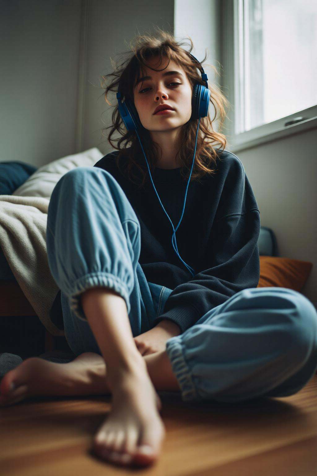 midjourneylowangle11q Low angle shot. A young woman sitting cross-legged on the floor,  wearing a dark sweatshirt and ligh...