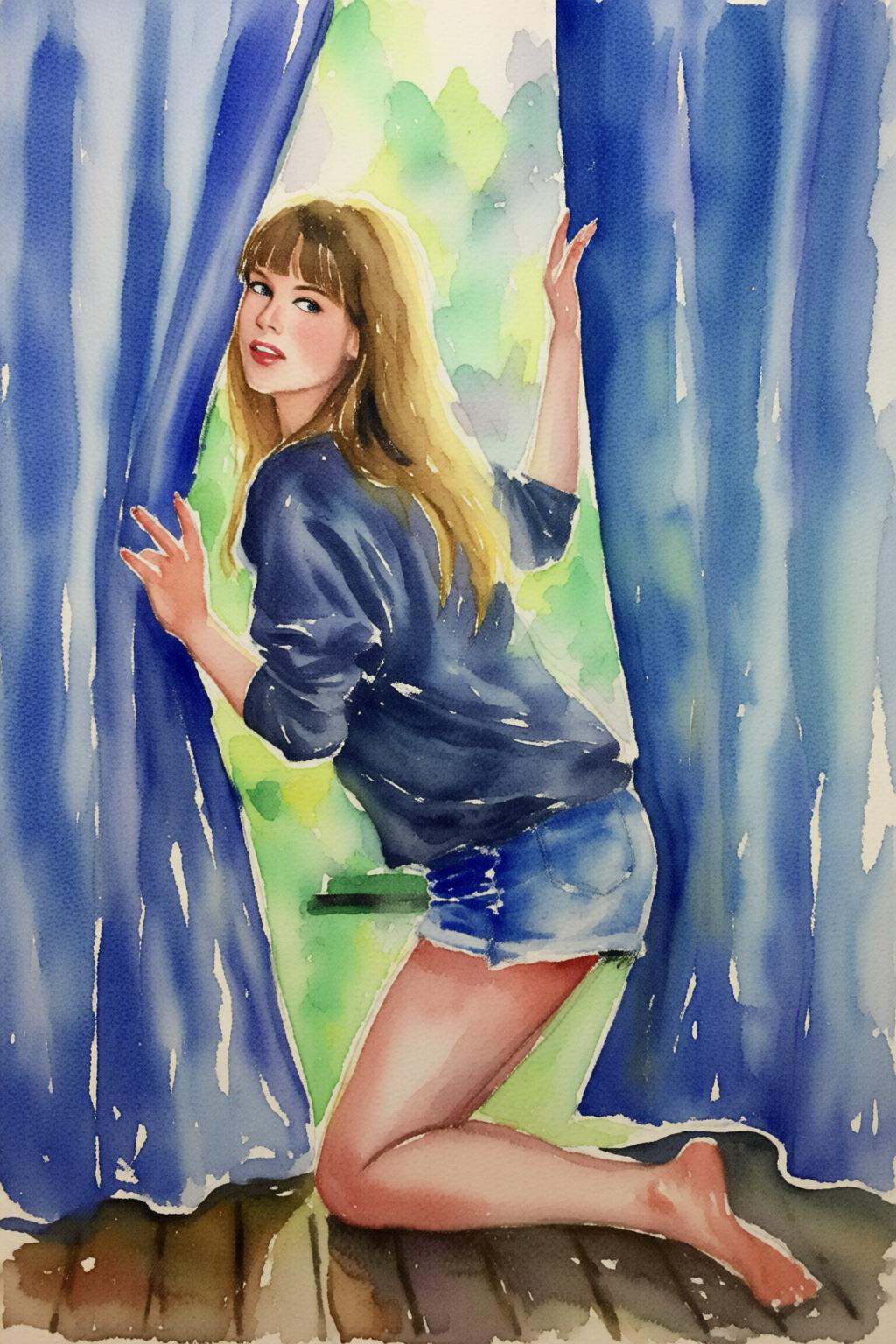 watercolorbasic2q watercolor painting.A woman,  shown in side profile,  with long blonde hair and bangs on Tensor.Art