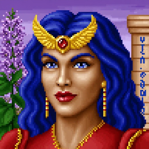Original HoMM2 style portrait of a sorceress with blue wavy hair,  wearing a golden headpiece with stylized wings around a...
