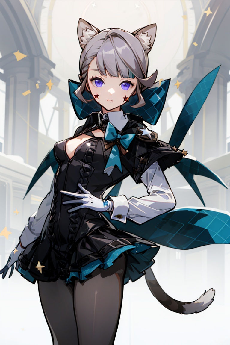 (best quality),<lora:Lynette:1>,1girl,solo,(five-pointed star),(five-pointed star on the left face),tail,cat ears,cleavage,collared shirt,white shirt,purple eyes,long sleeves,small_breasts,short hair,closed mouth,bangs,grey hair,black skinny dress,miniskirt,pleated skirt,black pantyhose,hair bow,cleavage cutout,white gloves,(looking at viewer),standing,indoors,