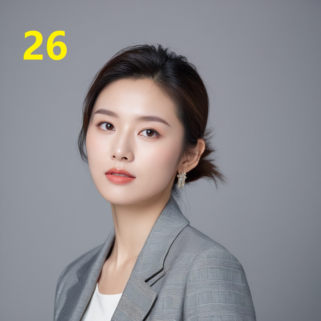 leogirl,A 26-year-old woman,portrait photo,facial focus,photo taken,fashionable and simple,Chinese ethnicity,soft gray background,natural lighting,high-resolution clarity,contemporary portrait,gentle,fashionable and avant-garde,simple accessories,details with strong contrast between skin color and neutral background,looking at the audience,