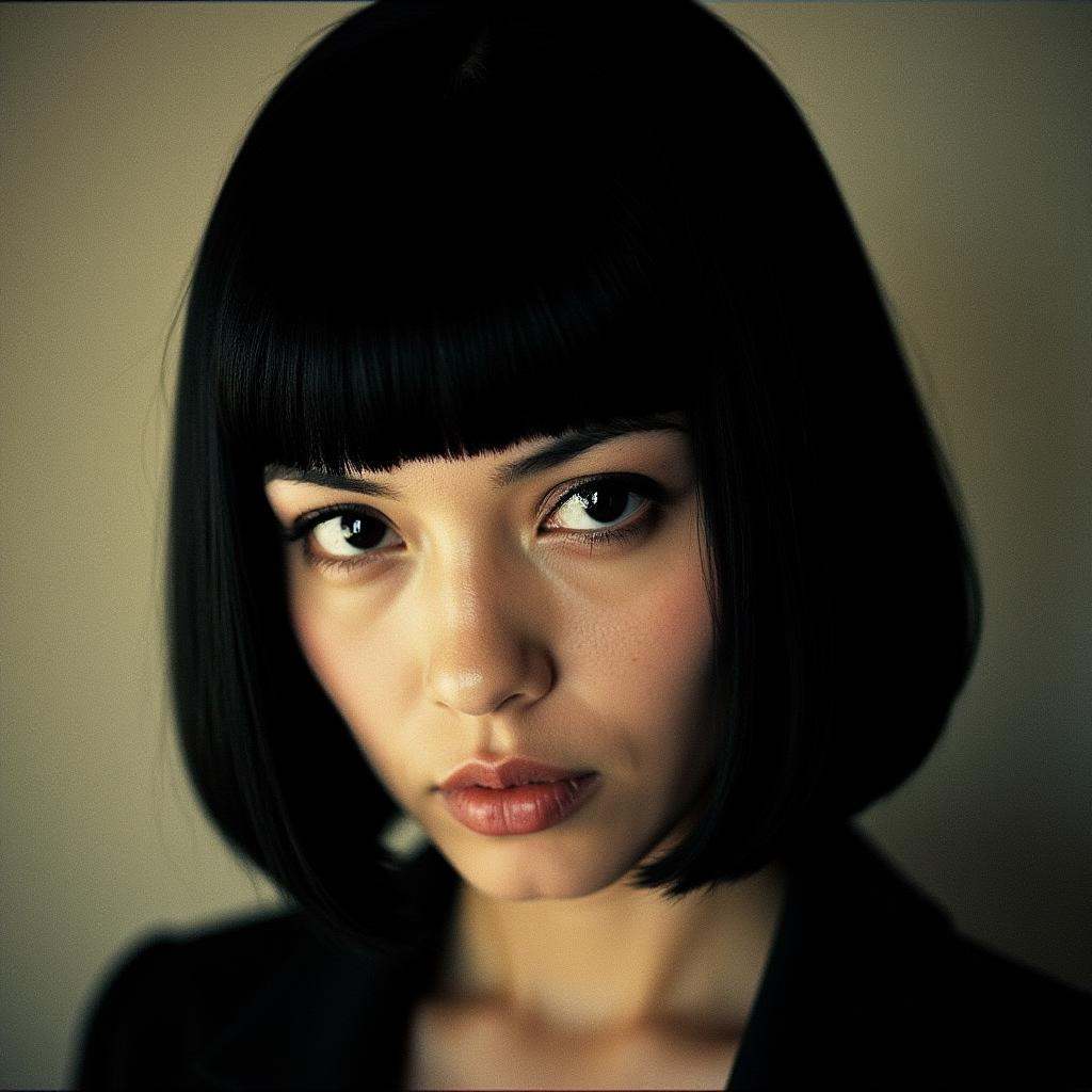 an expired film photograph of a woman with a severe straight bob black hair,  she's got a pale complextion and is looking...