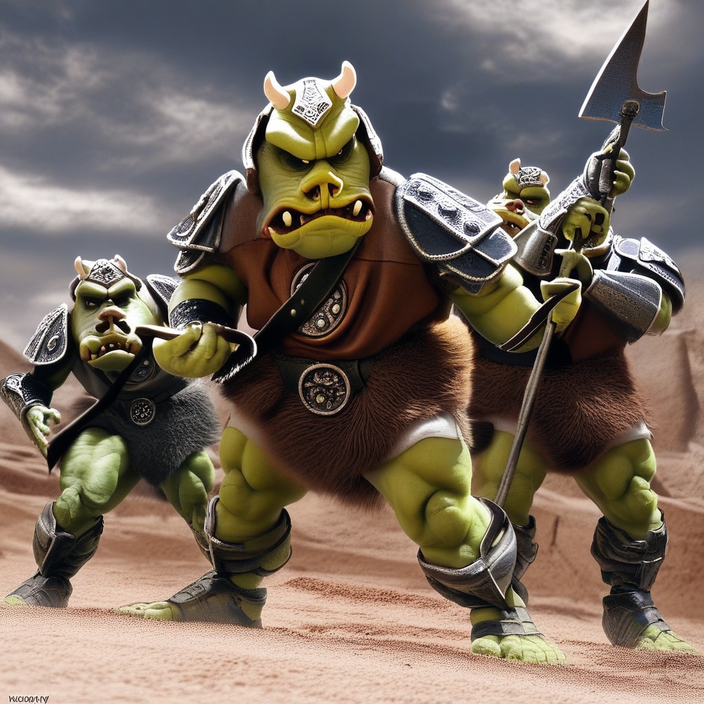 Score_9,  professional high definition photograph,  Gammorean guard in a desert outside a domed Adobe temple on Tensor.Art