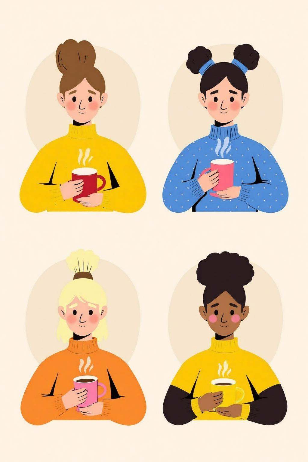 vector art.Four women with distinct hairstyles,  each holding a steaming cup of coffee. The top-left woman has brown hair...