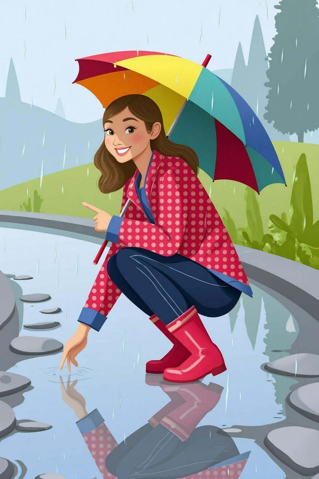 vector art. A young woman,  angled from slightly above and to the right,  crouching low to the ground in a puddle. The you...