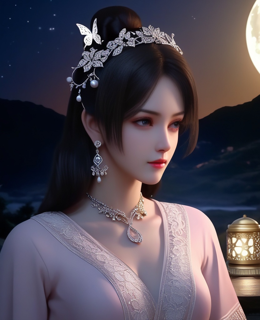 <lora:843-DA-XL-元龙-宋嫣:0.8>, (,1girl, ,best quality, ),,masterpiece(,1girl,night, starry sky, milky way,outdoors, full moon,  night sky, darkness,  world of darkness, , ) ,ultra realistic 8k cg,   clean, masterpiece,     (( , )),, , , prestige, luxury, jewelry, diamond, gold, pearl, gem, sapphire, ruby, emerald, intricate detail, delicate pattern, charming, alluring, seductive, erotic, enchanting, hair ornament, necklace, earrings, bracelet, armlet,halo((, )), (), butterfly,