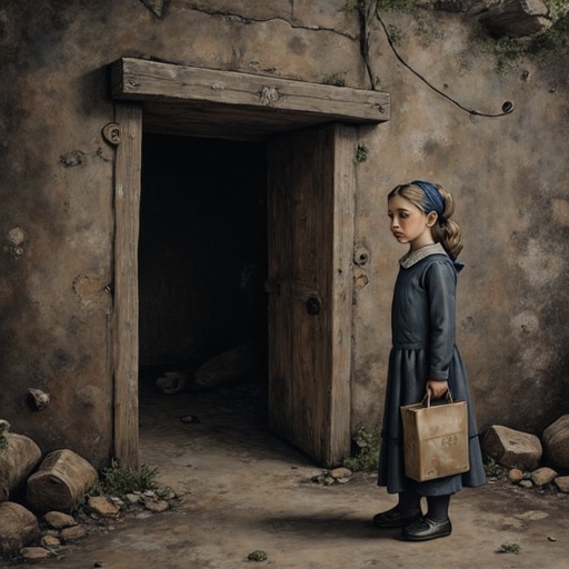 dark and gloomy children's book Artwork illustration of Gerda. She is holding a paper bag with groceries and is standing i...