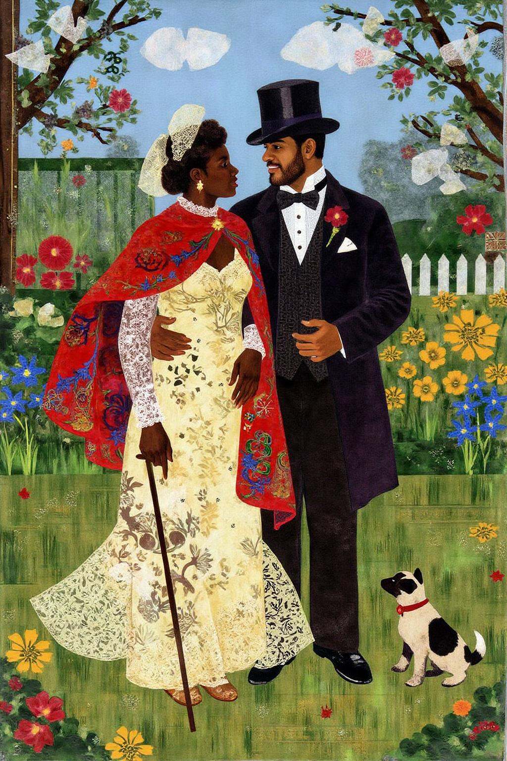 mixed media collage. The scene depicts a romantic,  pastoral setting from the Victorian era,  with a couple standing in a...