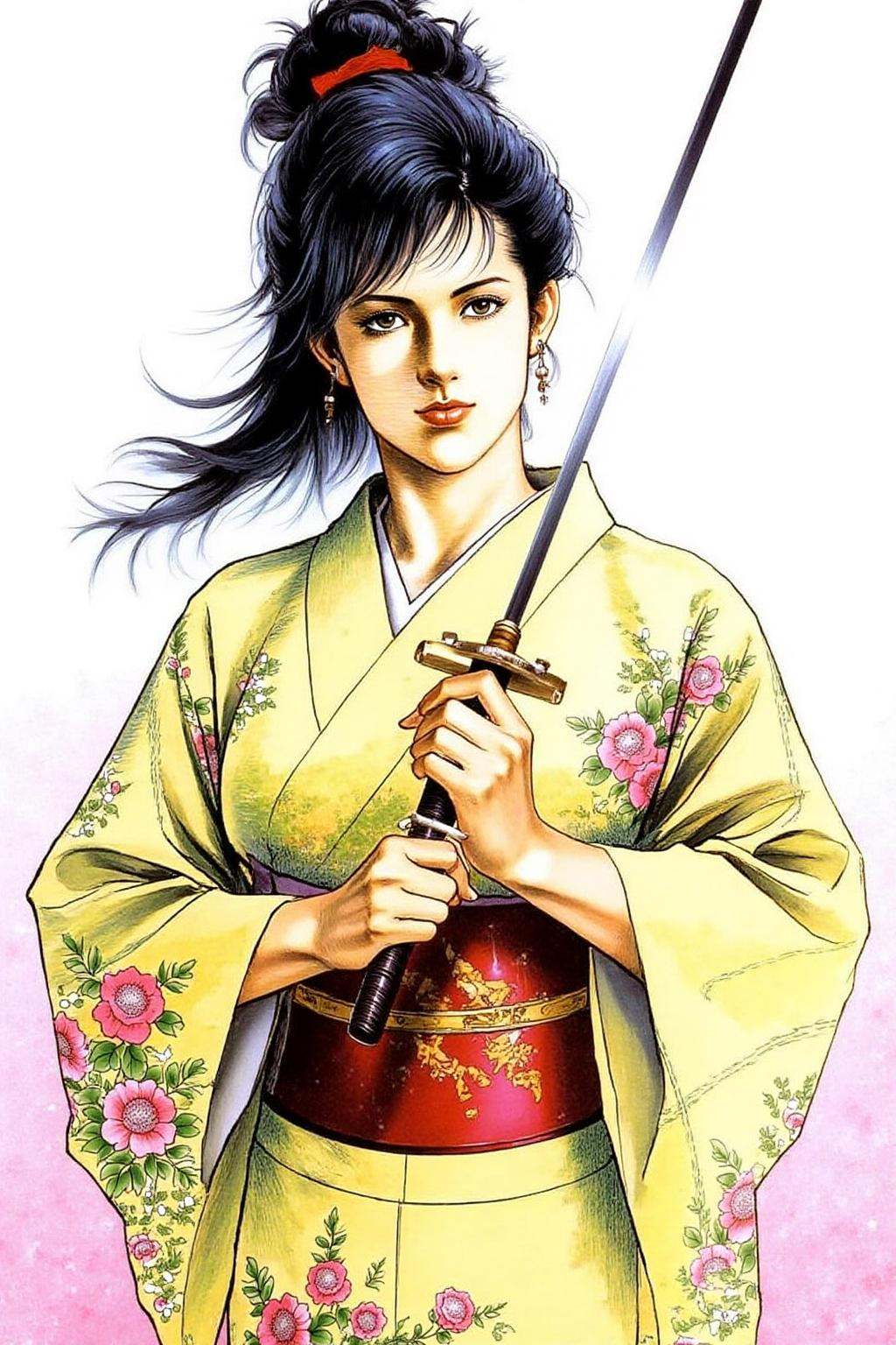 1keryo illustration. A woman holding a long,  slender Japanese katana sword She has dark hair styled in a high,  messy bun...