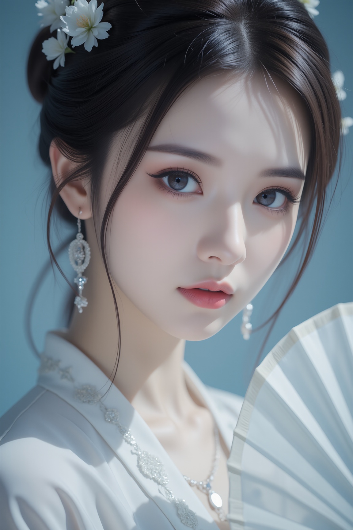 A close-up shot of a Asian woman in a white chinese clothes with a silver necklace and earrings.She is holding a white fan. The woman's hair is adorned with white flowers adding a touch of beauty to the scene. The background is blurred creating a soft focus on the woman's face.neon lighting,
