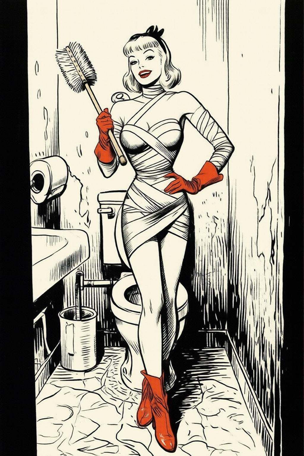 alexraymond2q illustration. Black and white drawing. A slim Swedish woman stands confidently in a small,  dingy restroom....