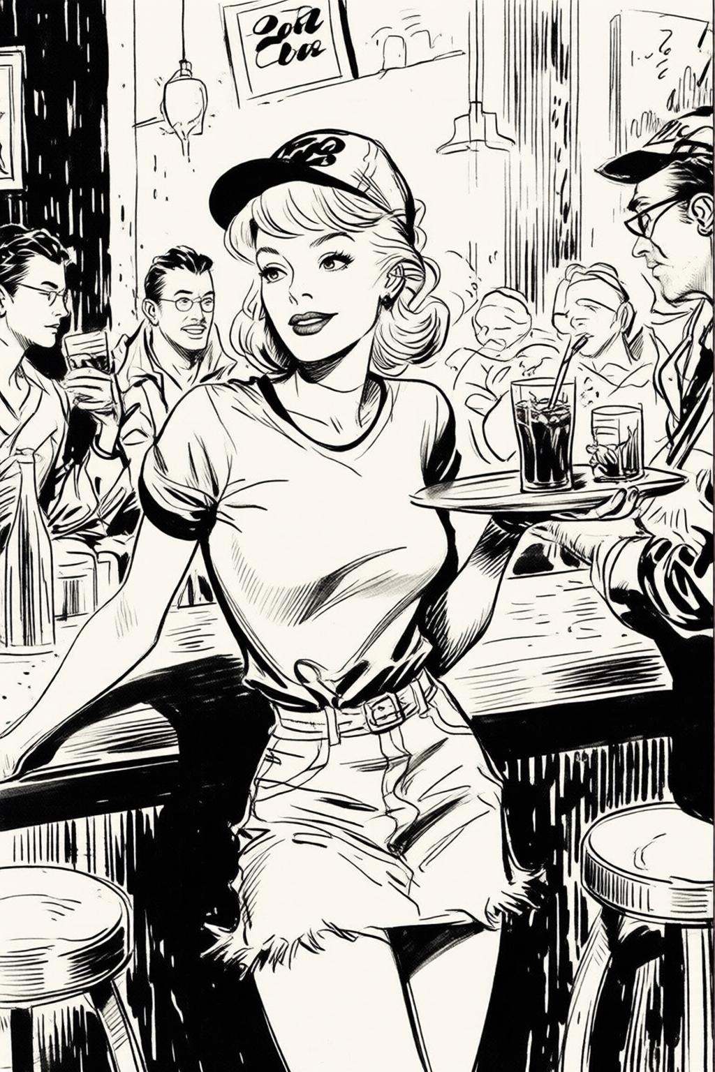 alexraymond2q illustration. Black and white drawing. The air buzzes with the energy of a busy bar,  a mix of music,  conve...